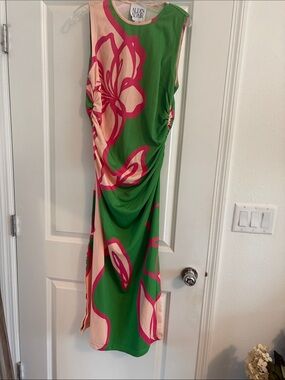 Alden Green Floral‎ Pink-Accent Midi Dress